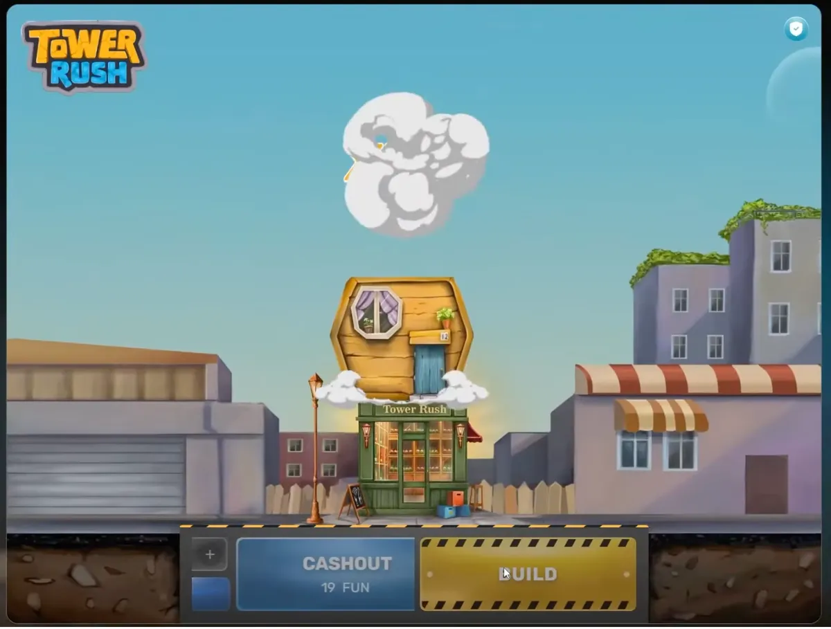 Tower Rush tower collapsing after a missed cash out — high-variance crash mechanic