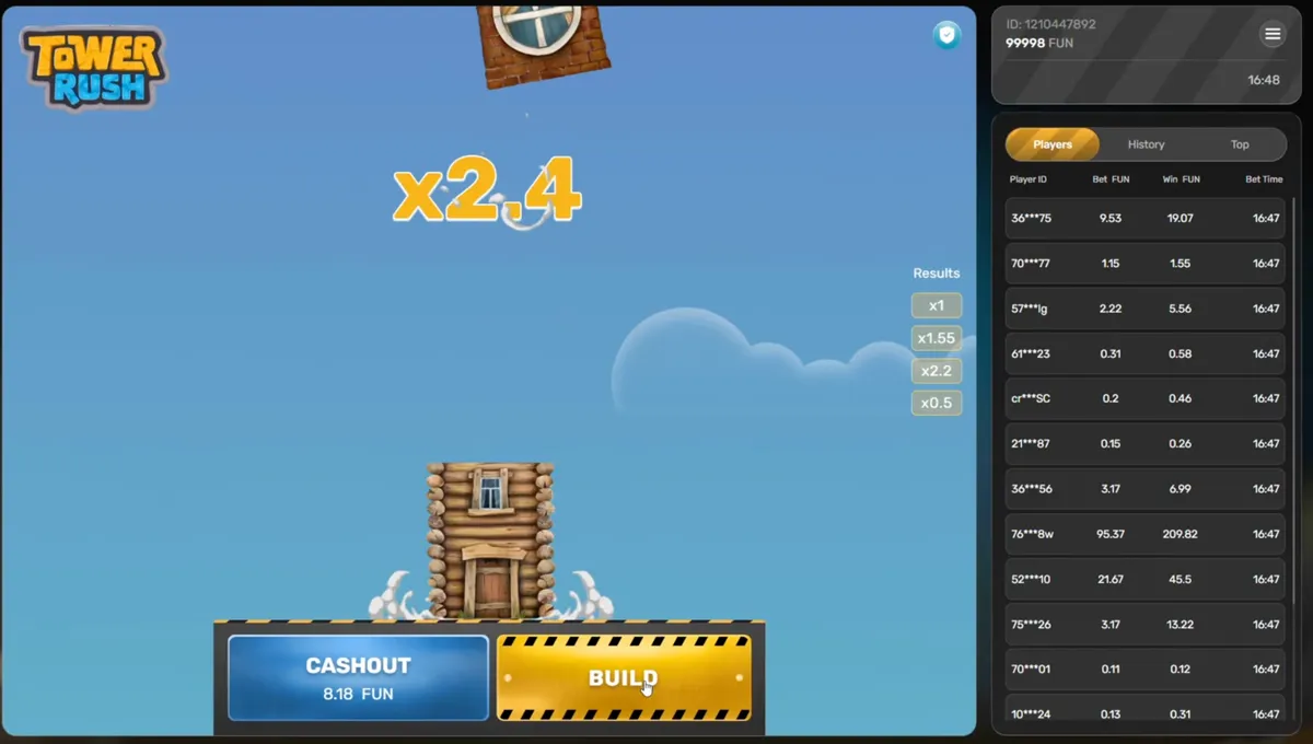 Tower Rush multiplier climbing to x2.4 mid-round — the cash out decision point