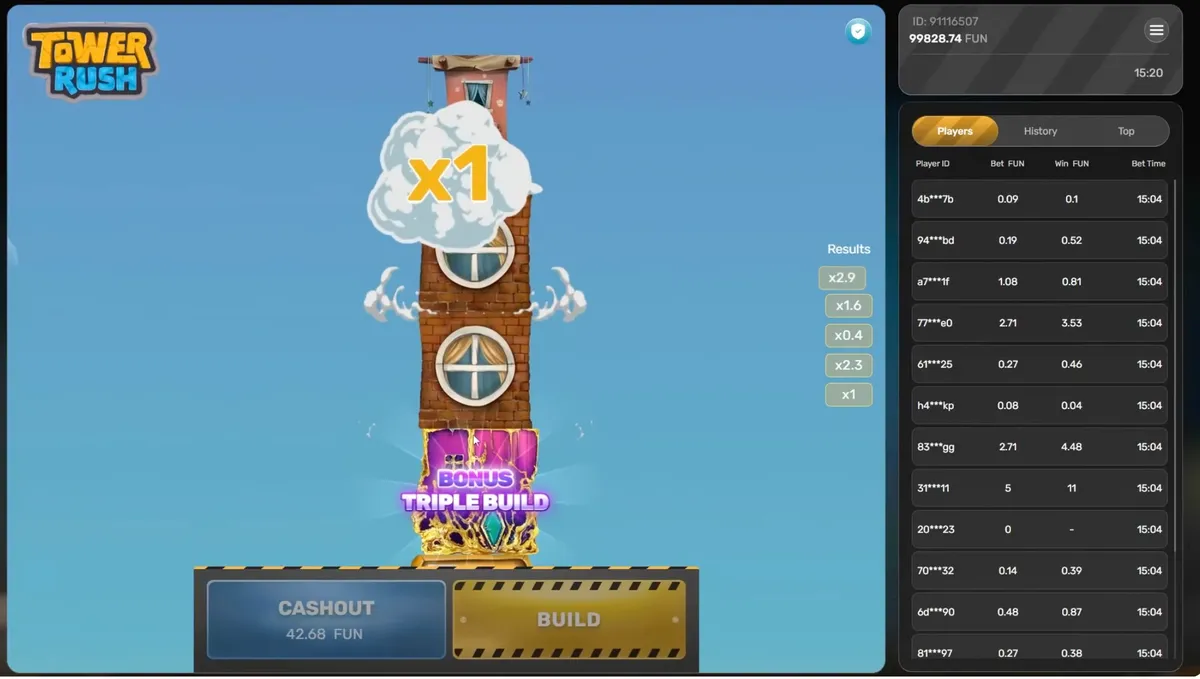 Tower Rush Triple Build bonus active on a tall tower
