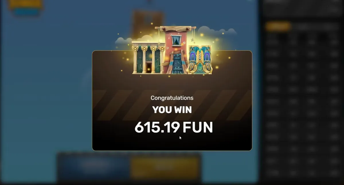 Tower Rush win screen — 615 FUN paid out after a Temple bonus floor
